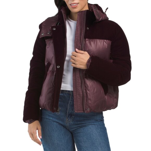 ANDREW MARC Burgundy Vega Velvet Trimmed Puffer Jacket - Picture 1 of 2